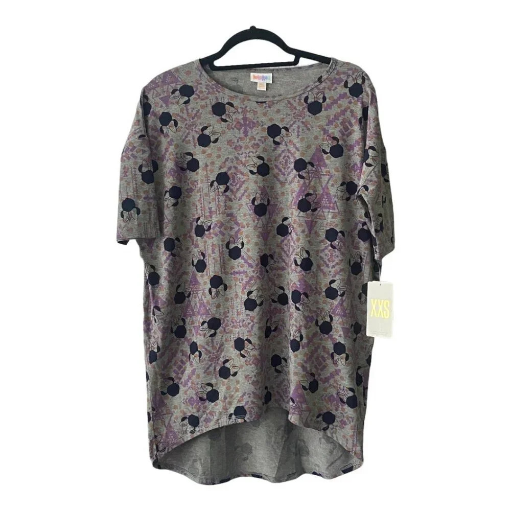 NWT LuLaRoe Disney Irma Top XXS Gray Purple Minnie‎ Mouse Print Stretchy